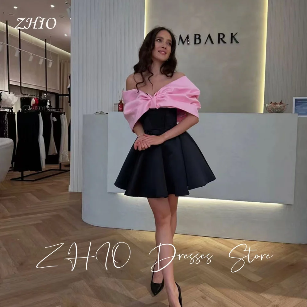 

ZHIO Contrast Pink Black Wedding Party Dresses Bow Off Shoulder A-Line Taffeta Special Occasion Birthday Prom Dress Customized