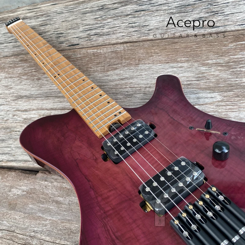 Acepro Headless Electric Guitar,  Gloss Purple Koa Top, 24F Stainless Steel Frets, Roasted Maple Neck, Black Hardware, Guitarra