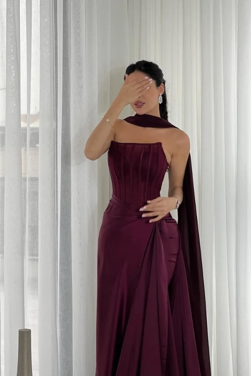 Annie สีม่วงกระดูกปลาชุดราตรี Off-the-shoulder Slim-fit ซาตินชุดราตรีโอกาสพิเศษ PARTY Dresses FBساتة