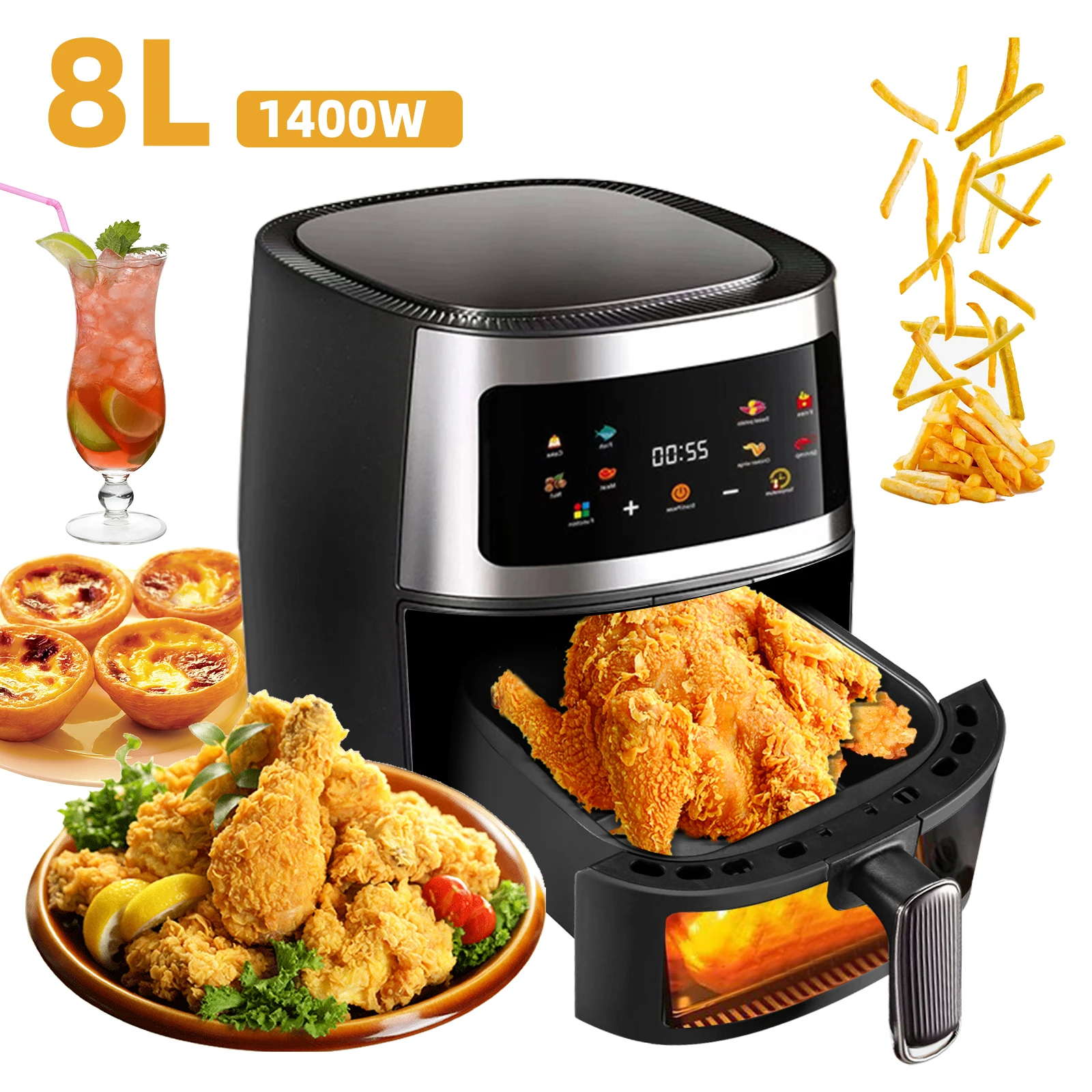 1400W 8L Air Fryer Without Oil Household Programmable Smart LED Touch AirFryer Thermal Cycle Oven Cooker French Fries Chicken