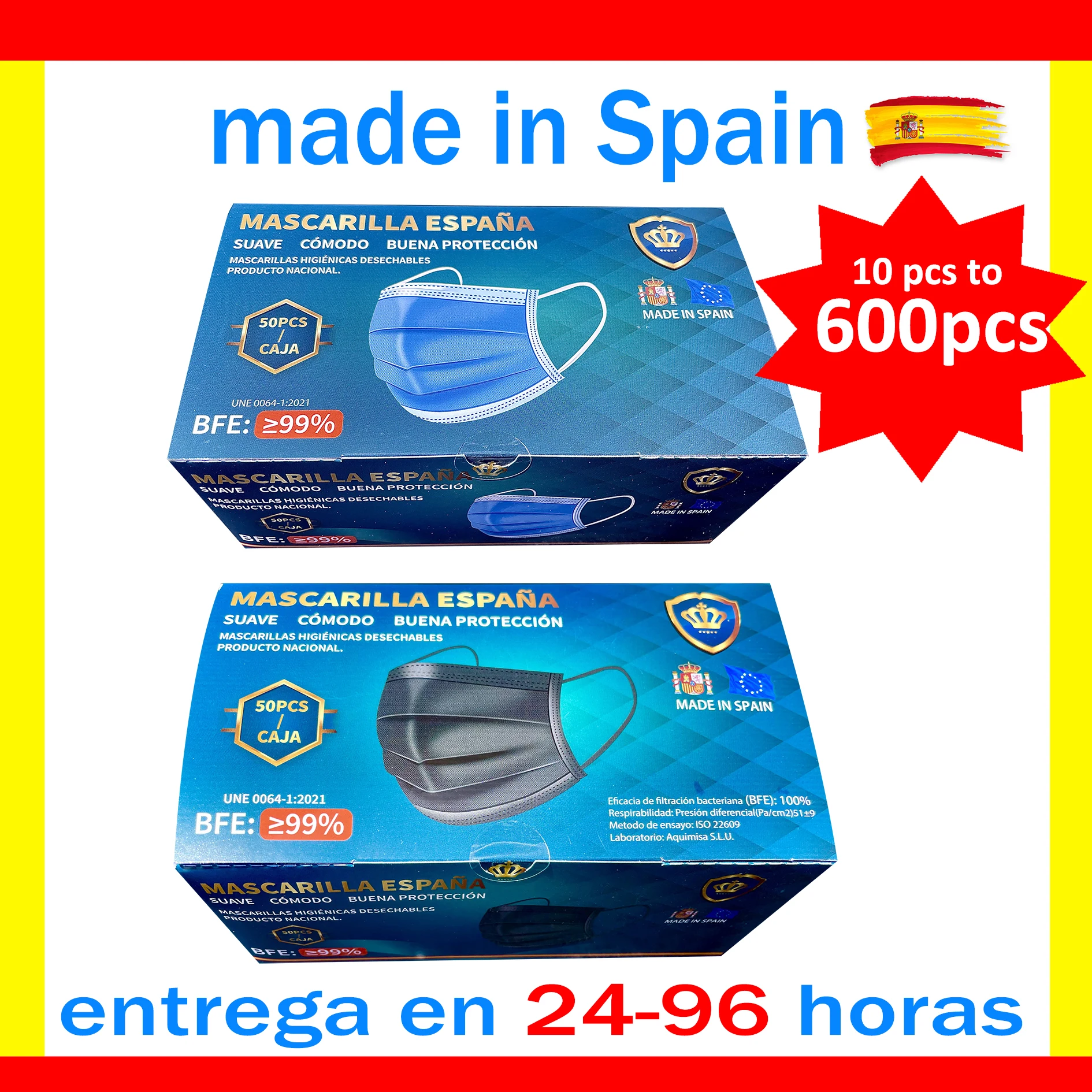 Disposable Adult masks Spain [UNE 0064-1:2021] 50 - 600PCS [3 layers] non-woven [with filter]