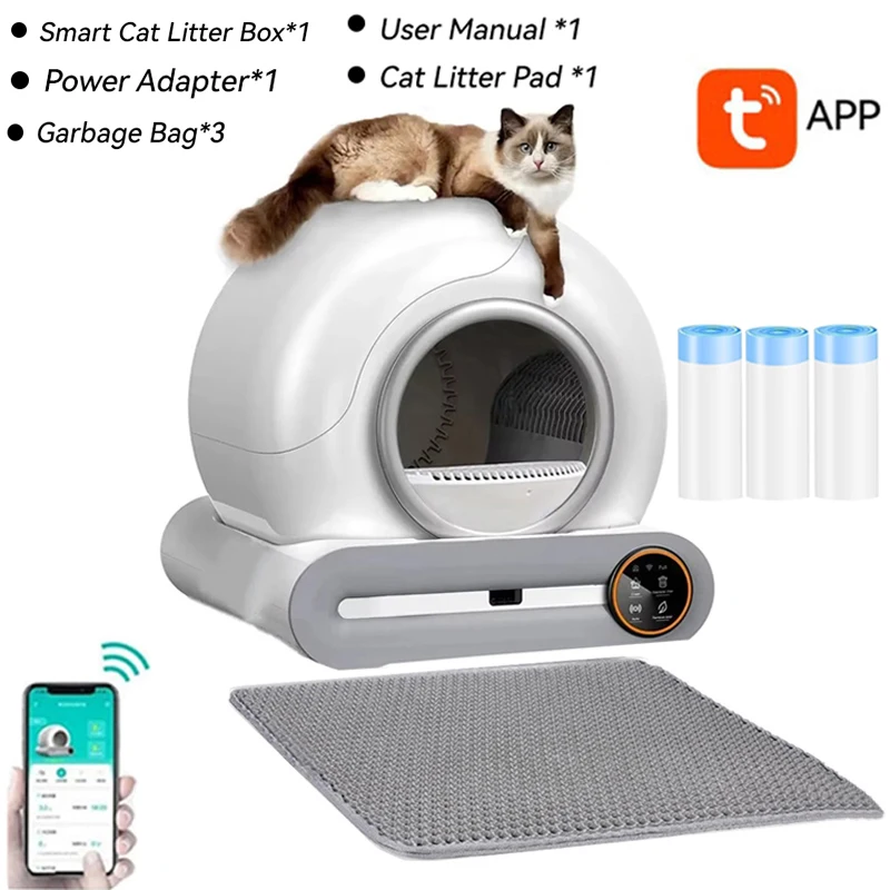 Intelligente Selbstreinigende Katzentoilette 65L Hochkapazitäts-Automatische Katzentoilette mit WLAN Mobile App Fernbedienung Auto-Reinigung & Abfallentsorgung Spritzwassergeschützt Geschlossen