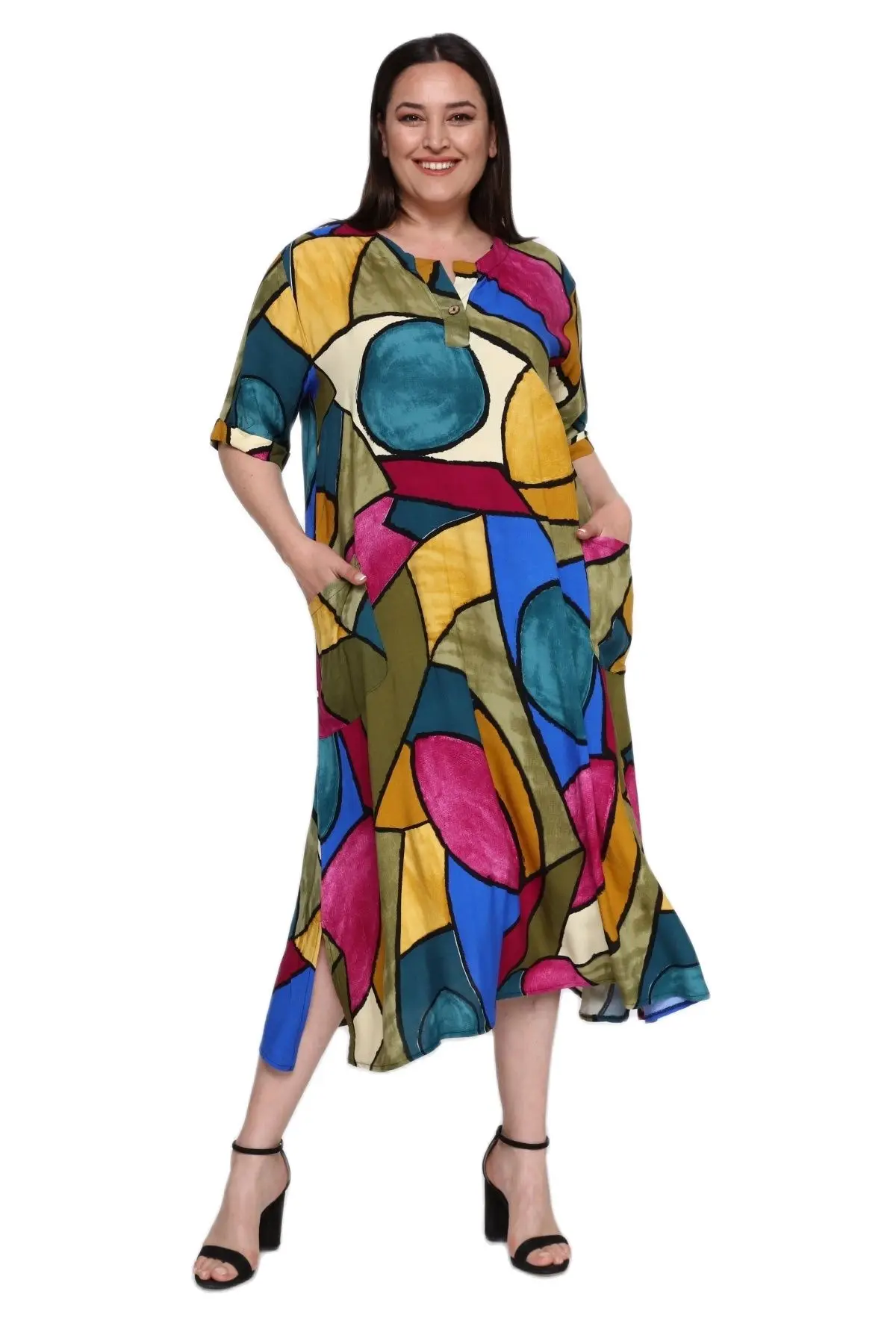 

Women’s Plus Size Dress Colorful Print Pocket Detail, Designed and Made in Turkey, New Arrival