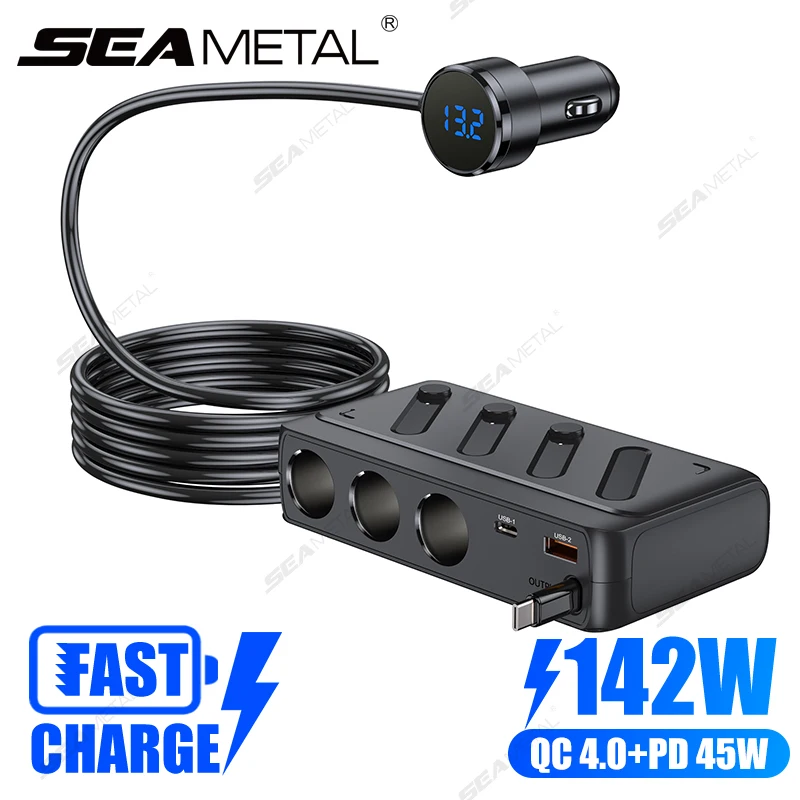 SEAMETAL 142W Cigarette Lighter Splitter for Car PD45W Fast Charging Phone Charger Universal 12V/24V Cigarette Lighter Adapter