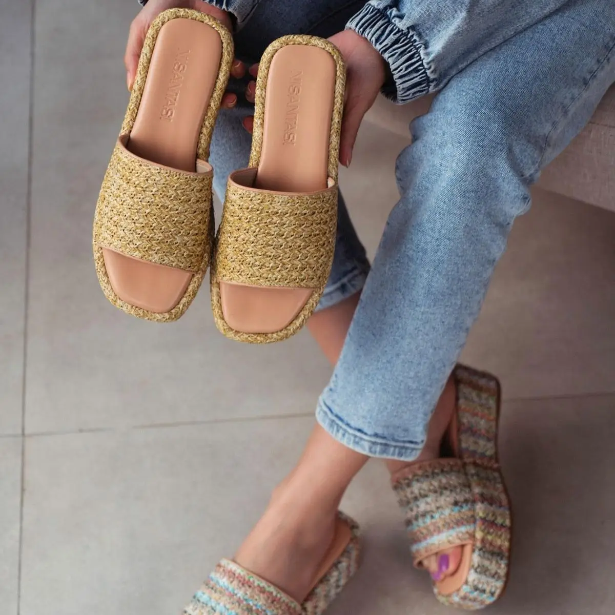 Summer Open Toe Women Flat Wicker Slippers Runway Designer Thick Sole Knit On Female 2023 New Style Flat Vacation Beach Slippers