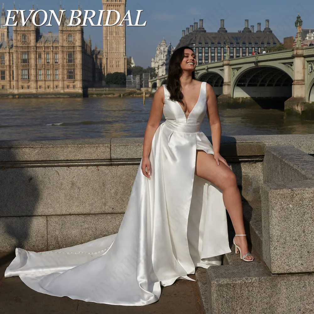 EVON BRIDAL Elegant Plus Size Wedding Dress Sleeveless Side Split A-Line Satin Deep V-Neck Bride Gowns Custom Made Bridal Dress