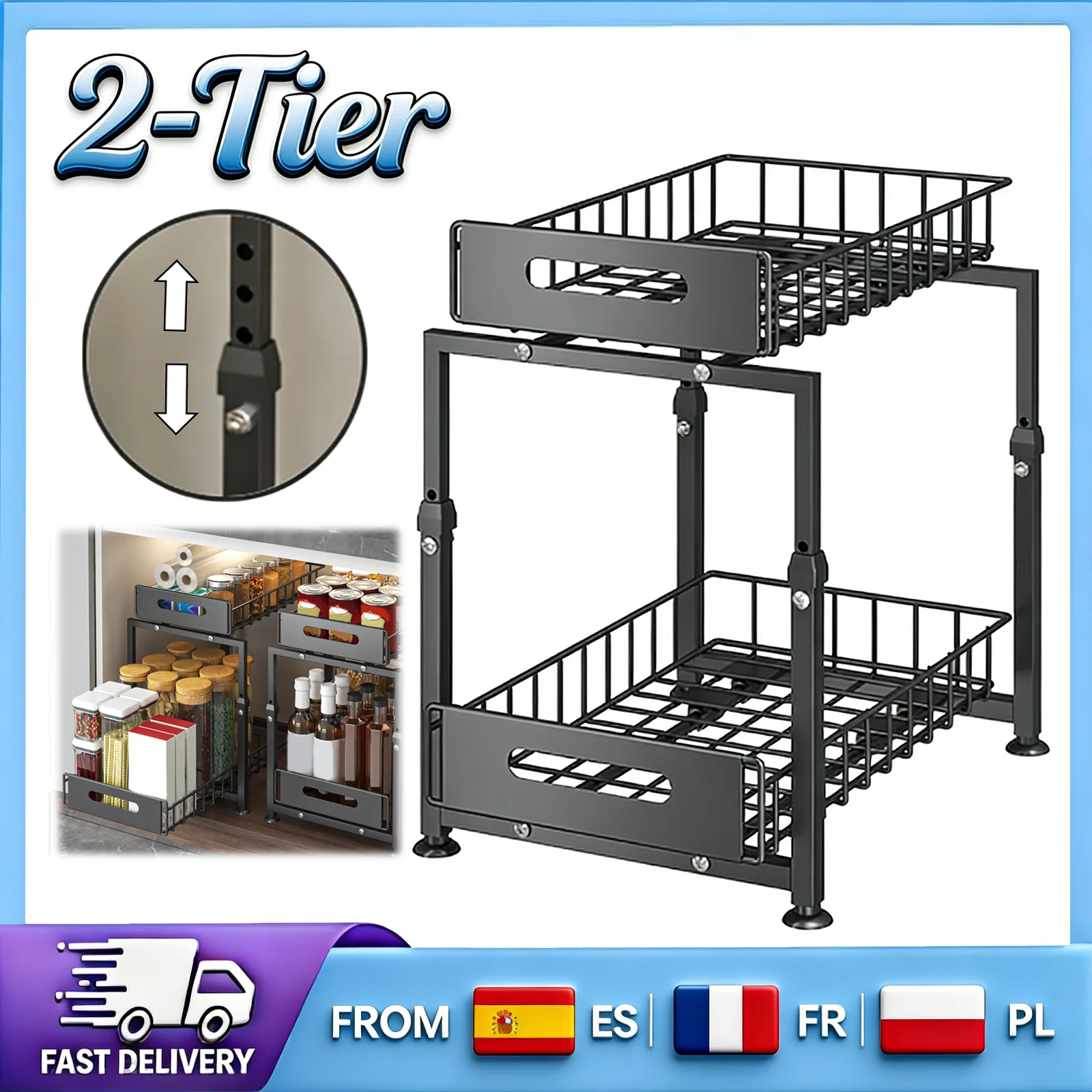 Étagère de rangement coulissante à double niveau avec 5 réglages de hauteur, panier coulissant, antidérapante et stable, pour la maison et la cuisine