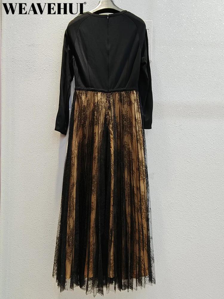 WEAVEHUI Women Solid O-Neck Long Sleeves Draw String Spring Summer High Street Splice Dresses