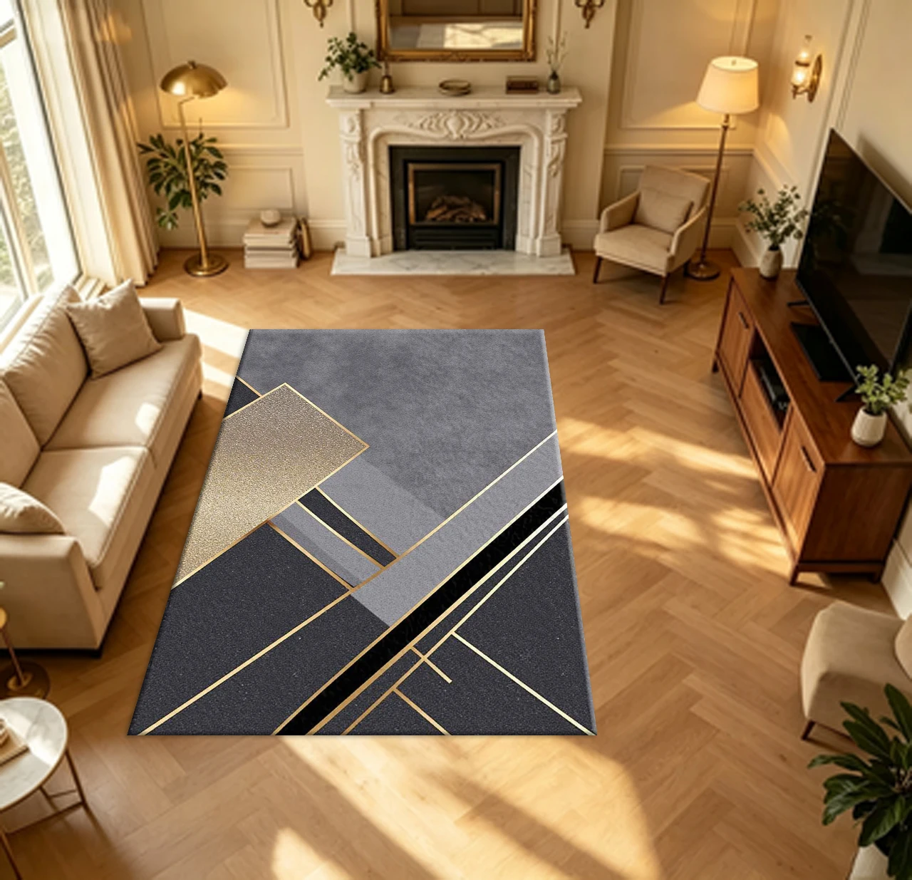 Luxury Gold Line Geometric Carpet Flooring Modern Home Living Room Bedroom Area Rug Indoor Household Floor Cover