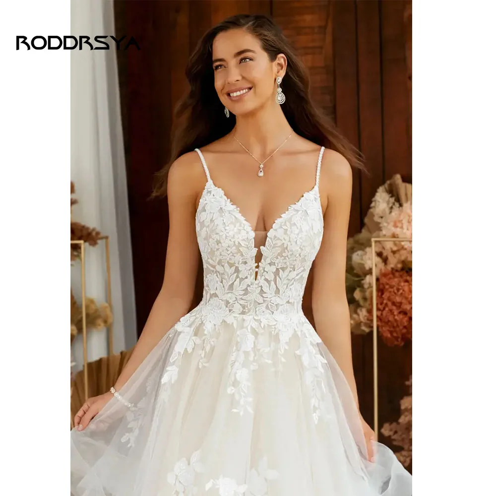 RODDRSYA gaun pernikahan elegan Boho 2024 V-Neck A-Line renda berjenjang untuk wanita applique gaun pengantin punggung terbuka Vestidos De Novia