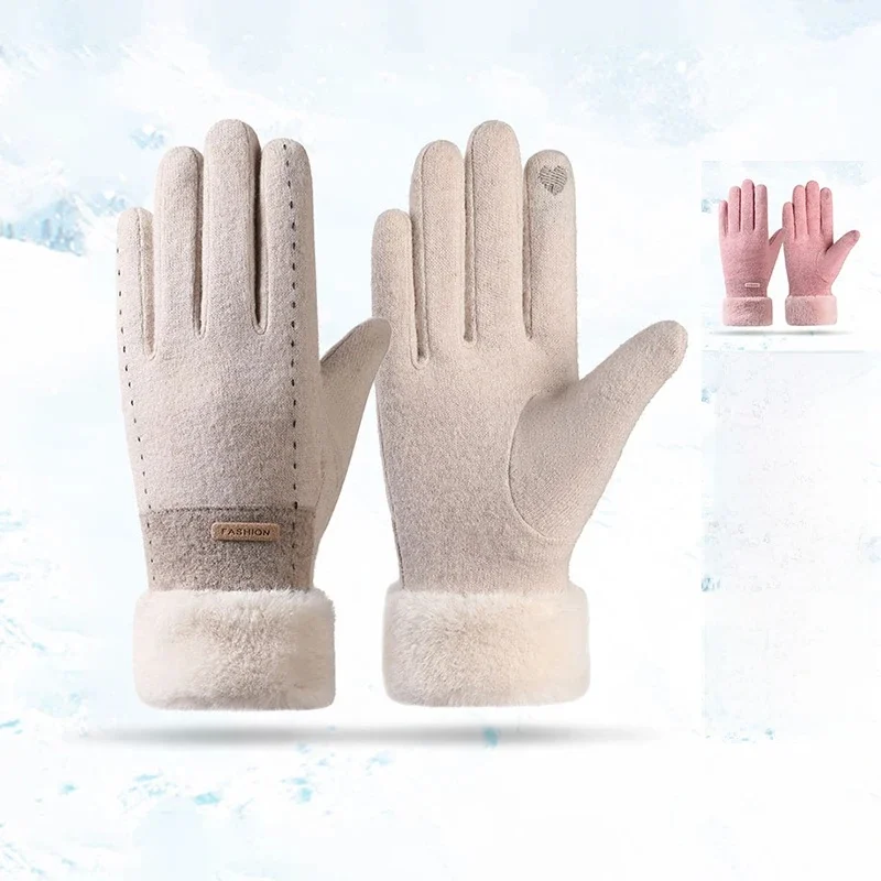AliExpress RNO Rich Name Ocean Women Winter Thick Plush Gloves Fashion Warm Suede Outdoor Guantes Lady Touchscreen Driving Gloves Sports Cycling Mittens
