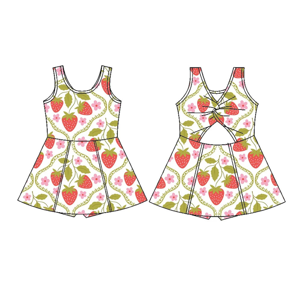 Boutique children's dresses Hot-selling girls' dress safety shorts crossover design Strawberry bow flower print custom