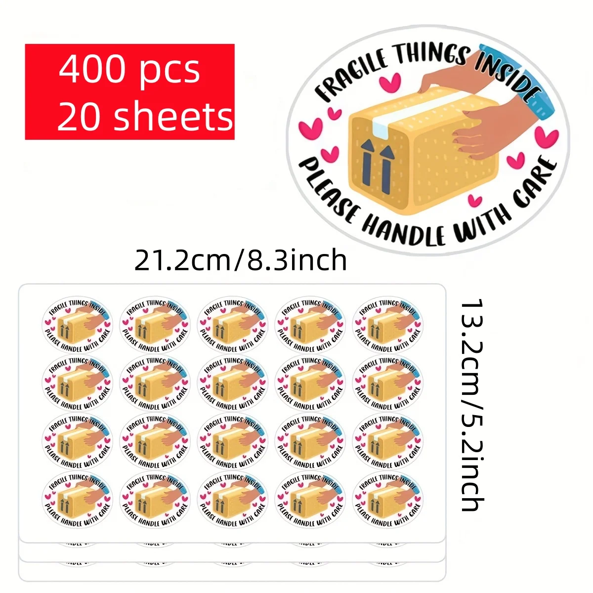 400 Pcs Fragile Handle With Care Stickers, Packaging Warning Labels for Shipping Boxes, Parcels and Mailers