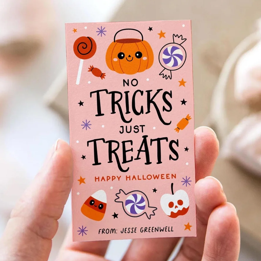 50 قطعة من علامات هدايا الهالوين قابلة للطباعة، علامة حقيبة الحلوى خدعة أو علاج، قابلة للتحرير للهالوين بدون خدع فقط علامة يعامل، حفلة الهالوين #2