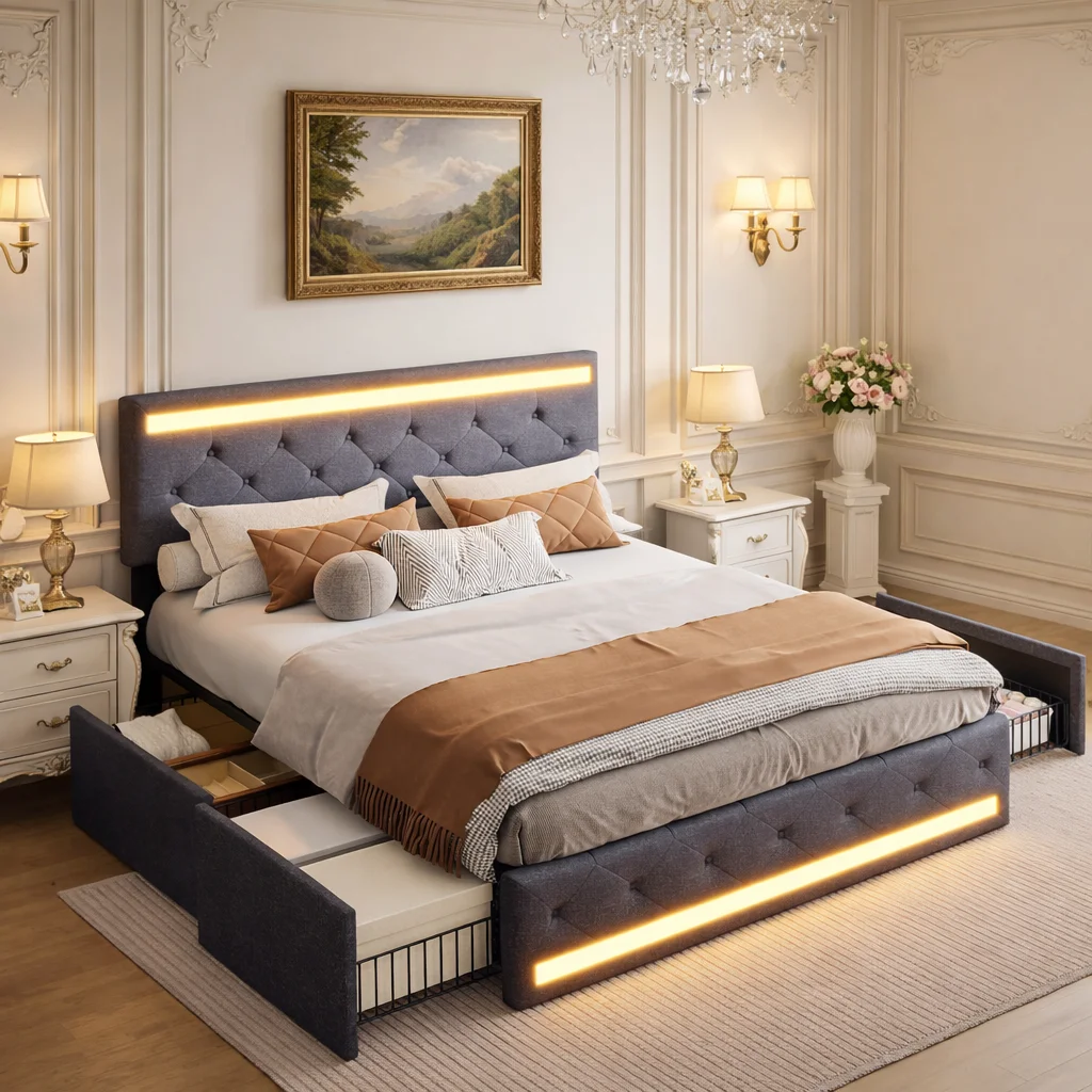 Gestoffeerd bed 140x200 cm met opbergruimte, tweepersoonsbedframe met 4 laden, verstelbaar hoofdeinde met LED en USB, platformbed met lattenbodem, linnen stof donkergrijs, modern bedframe met - afbeelding 1