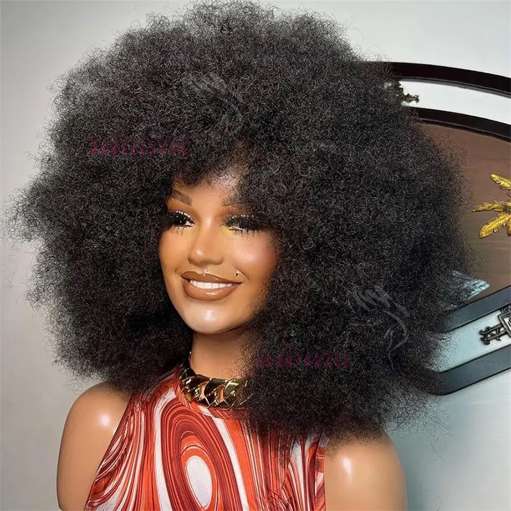 Kurze, krause, gelockte Vollperücke mit Pony und Kopfhaut-Optik, Remy brasilianisches Afro-Krauselocken-Echthaar für schwarze Frauen 1B – Detail 3