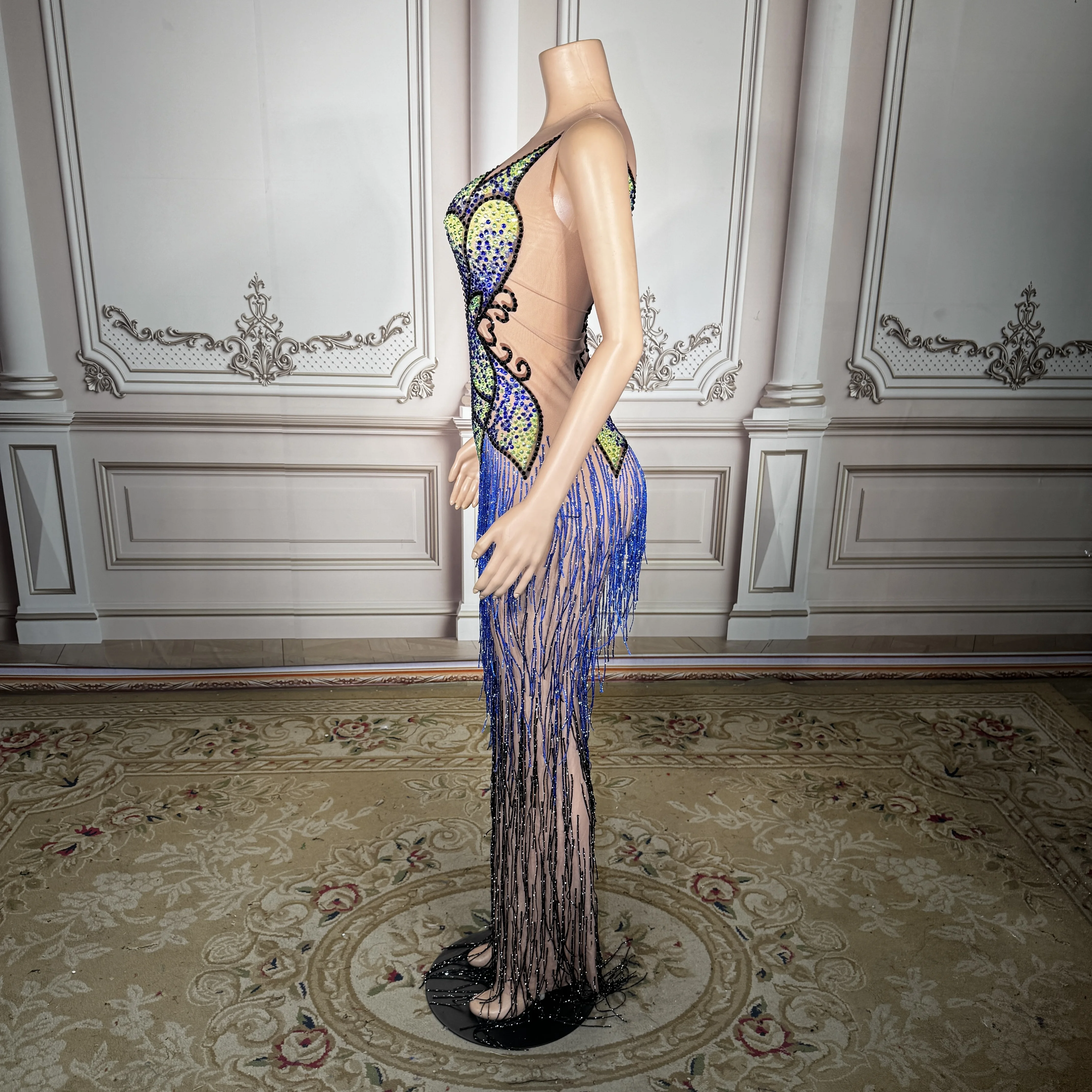 

ZD Luxury Blue Butterfly Rhinestone Prom Dress Sexy Sleeveless Tassel Evening Gown Sparkling Crystal