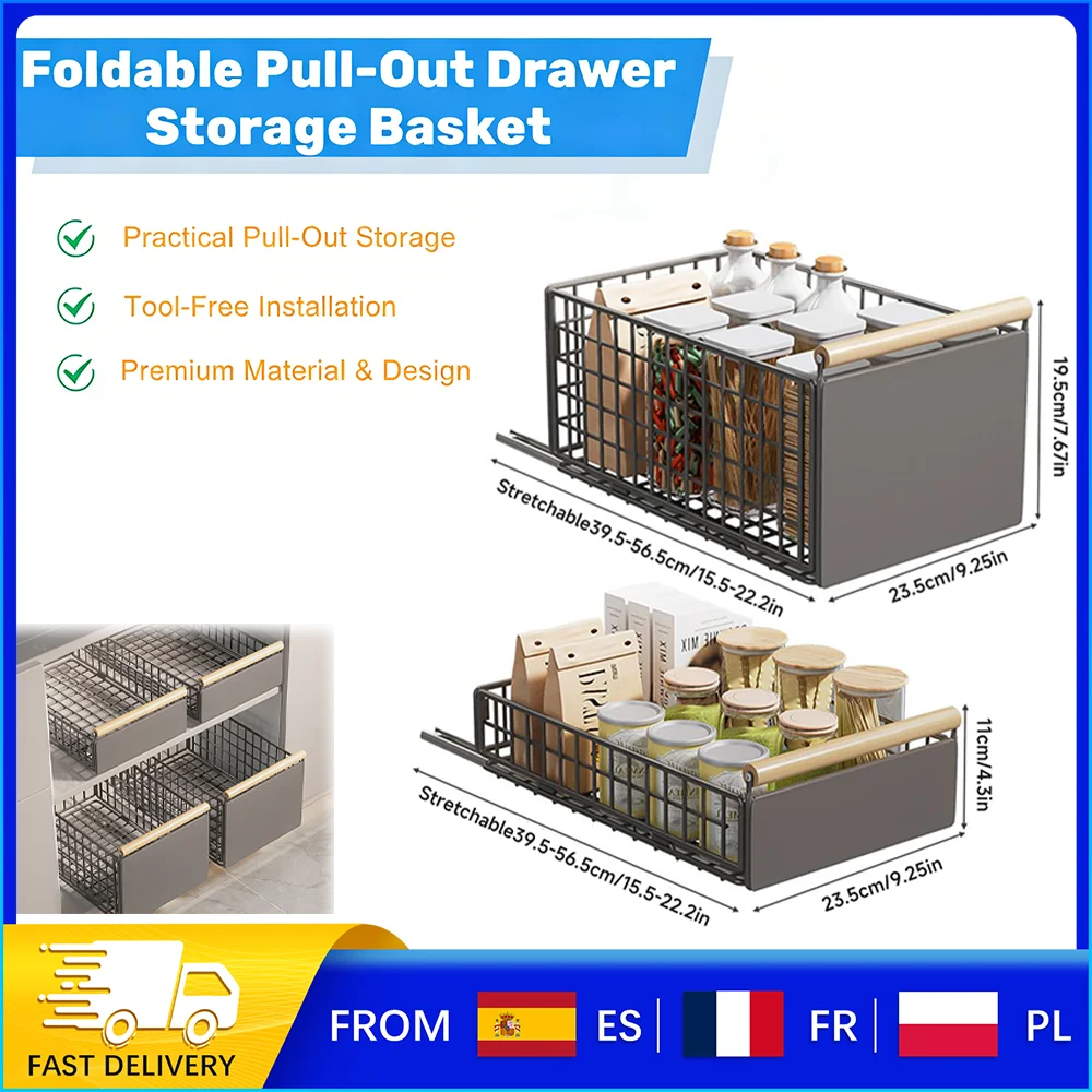 Organiseur de tiroir pliable disponible en 2 tailles, cadre en acier au carbone avec poignée en bois pour les armoires de cuisine/salle de bain
