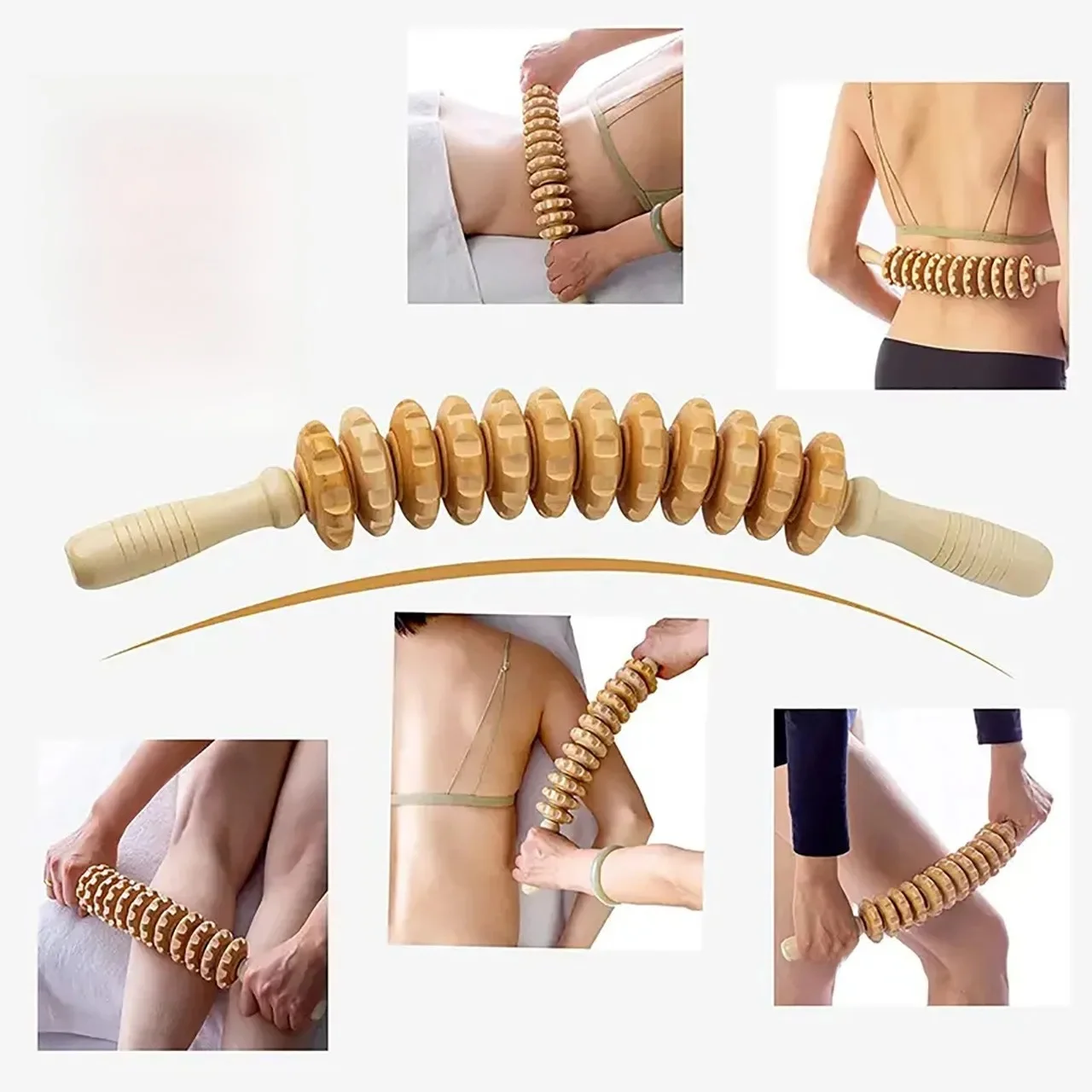 Body Fascia Massager Antisliphandvat Hout Gegroefde uitrusting Armen Benen Dijen Billen Gladde rolmassager voor rugontspanning - afbeelding 2