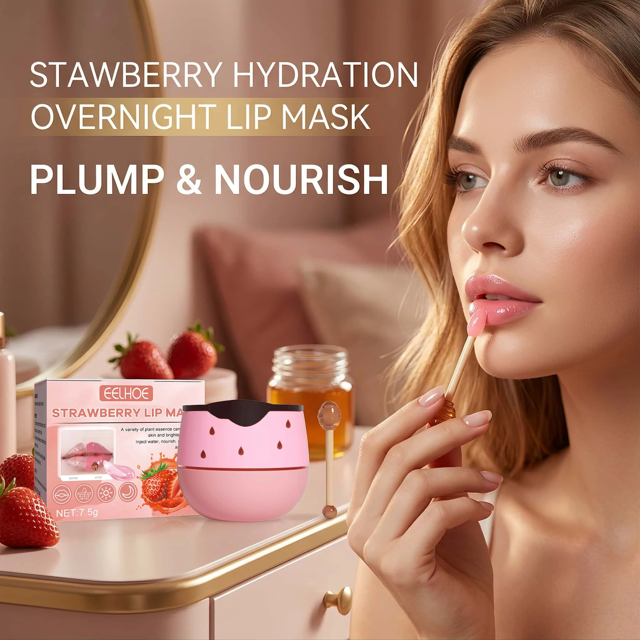 Eelhoe Strawberry Lip Mask Overnight Treatment Moisturizing Exfoliating Fade Lip Lines Honey Collagen Nourishing Lips Care Sleeping Mask