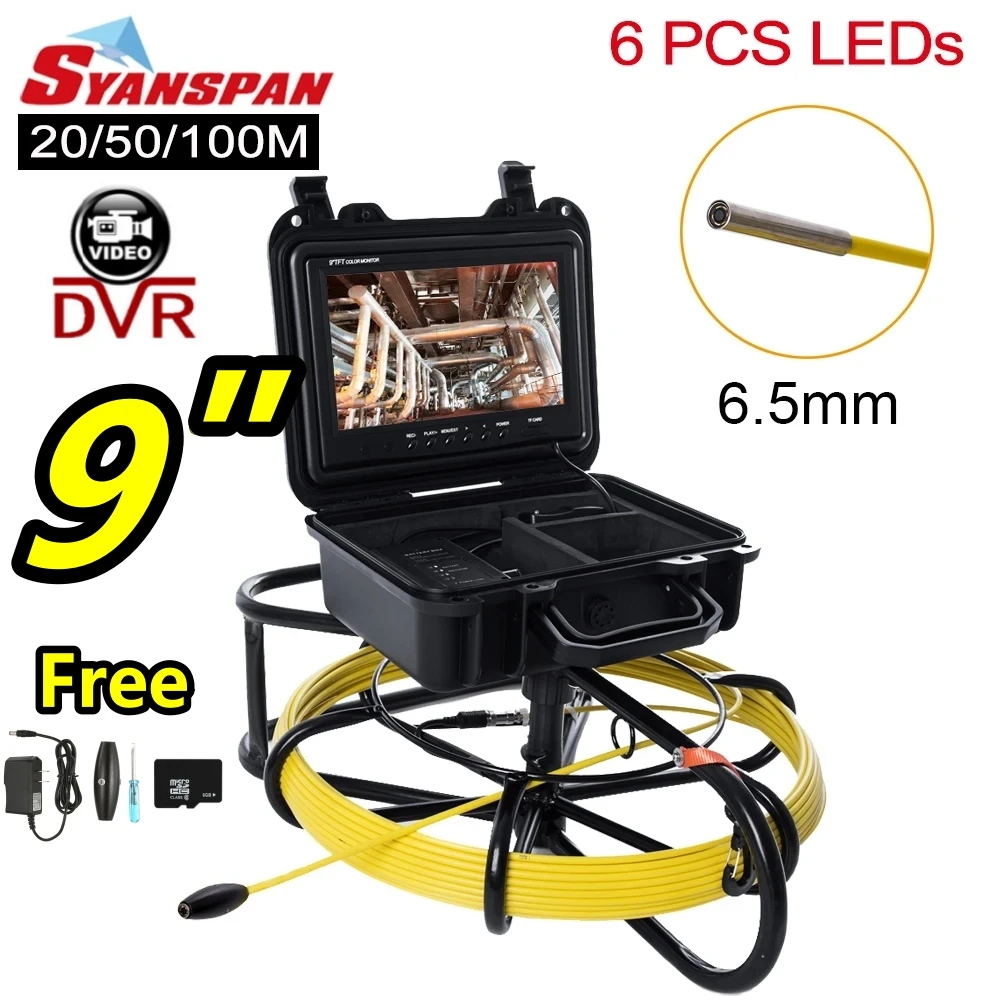 

SYANSPAN 6.5mm Camera Head 20/30/50/100M 9" DVR Pipe Inspection Camera Drain Sewer Pipeline Industrial Endoscope IP68 5mm cable