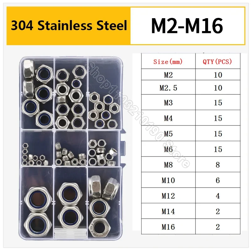 201 304 316 Stainless Steel Hexagon Nylon Insert Lock Nut Assortment Kit Hex Self Locking Nylock Locknut Set M2,M3,M4-M16 DIN985