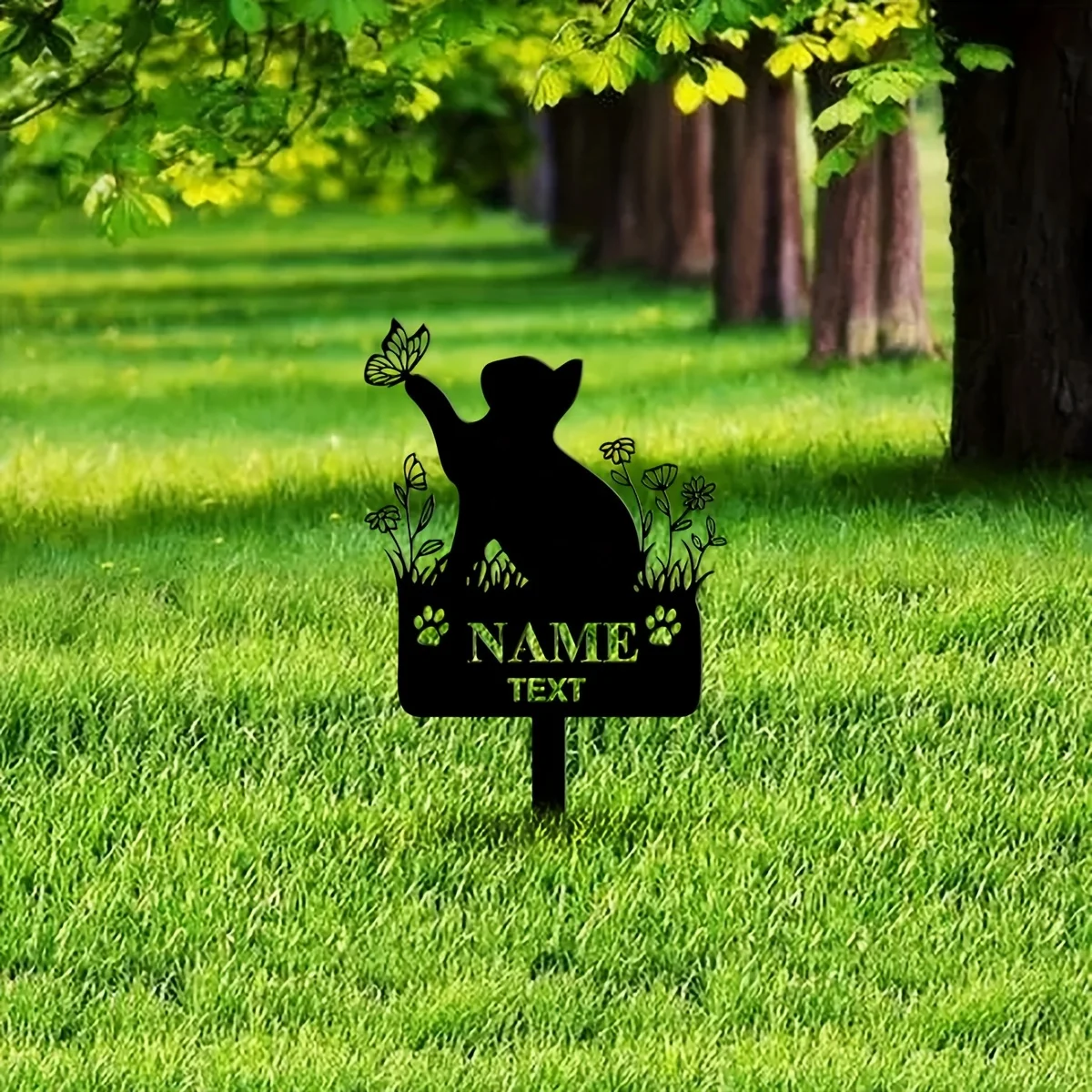 Personalized Cat Memorial Stake - Custom Pet Name Plate, Heavy-Duty Iron Grave Marker with Floral & Butterfly Garden Decor