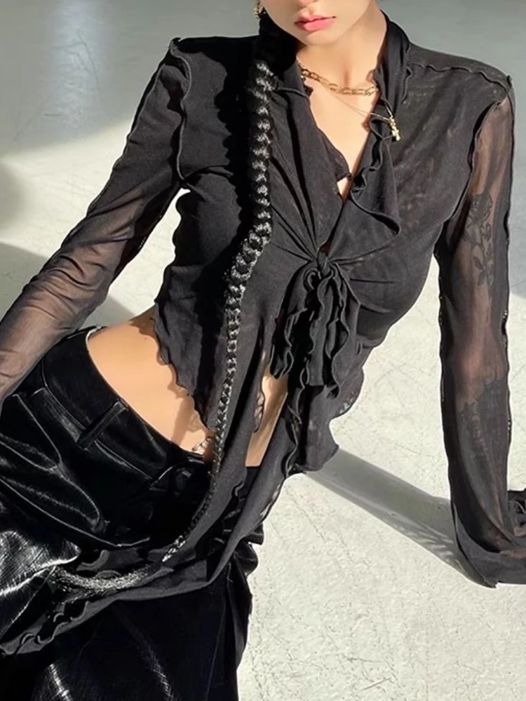 Korean Fashion Style Long Flare Sleeve Blouses for Women Lace-up Mesh Sexy Sweet Hot Girls All-match Solid Design Elegant Casual