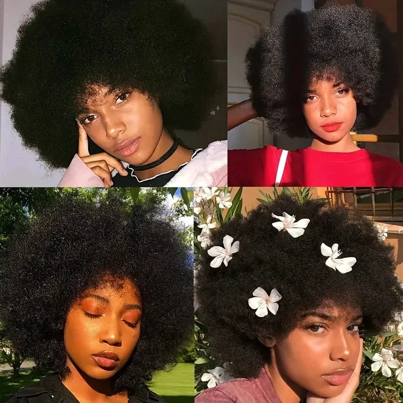 Afro Curly Wigs Fluffy Glueless Human Hair Wigs For Women Girls Afro Puff Wigs With Bangs Bouncy Soft Natural Looking Hair Wig