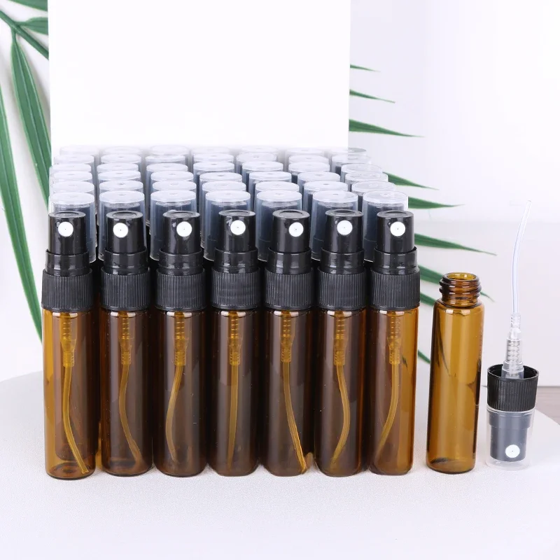 Bouteille de parfum en verre marron de haute qualité, 50 pièces, 5ml, mini flacon pulvérisateur pour huile essentielle de Cologne, pour essentiels de voyage, vente spéciale