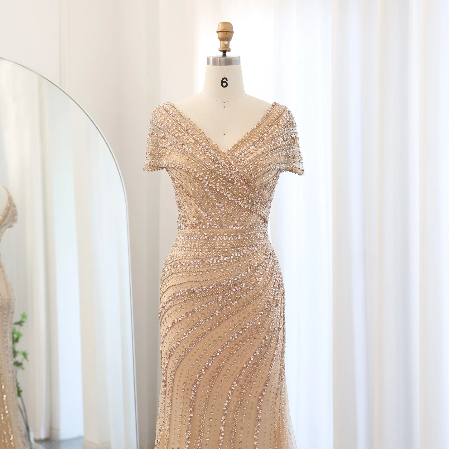 Sharon Said Luxuriöse Dubai Silber-Nude Abendkleider für Hochzeiten, Meerjungfrauenkleid mit Kapärmeln, Arabisches Formelles Partykleid SS045 Maßanfertigung – Detail 12