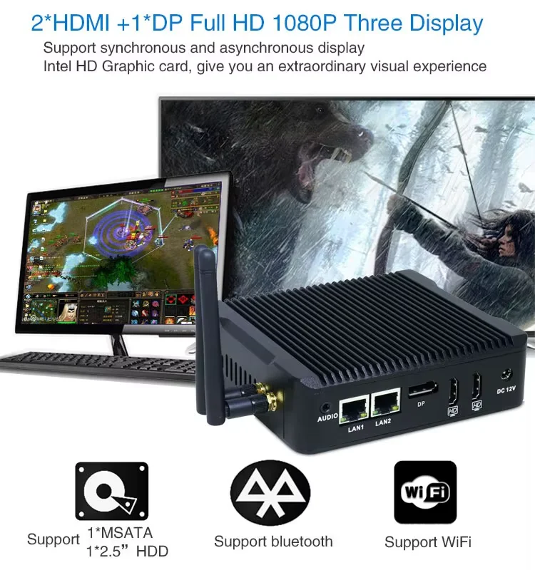 Computer senza ventola Processore Intel Celeron J3710 Mini PC 4K Supporto Lettore multimediale Tre display