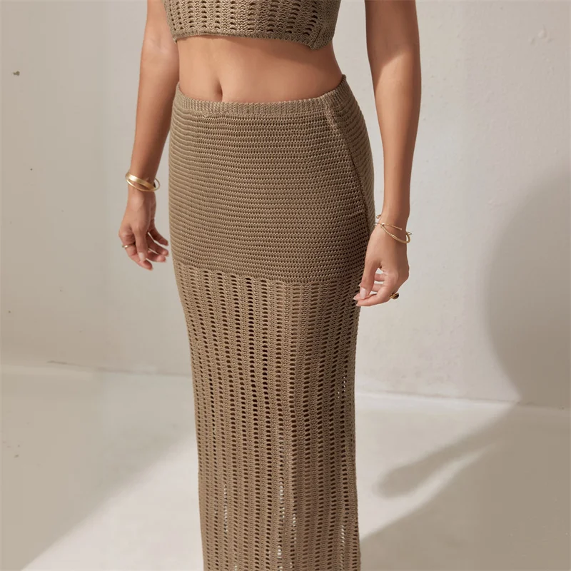 2PCS Set Sexy Long Bandage Bodycon Dress Women's Sleeveless Crop Top and Skirt Bottom Beach Crochet Knit Bikini Cover Up Outfits