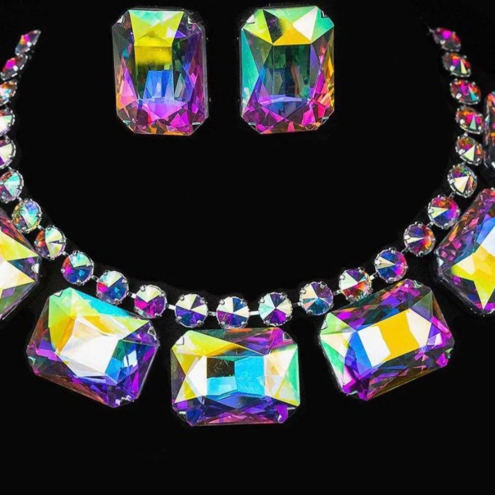 Stonefans-Conjunto de collar y pendientes de cristal de colores brillantes para mujer, juego de boda de cristal Extra grande, joyería llamativa, regalo