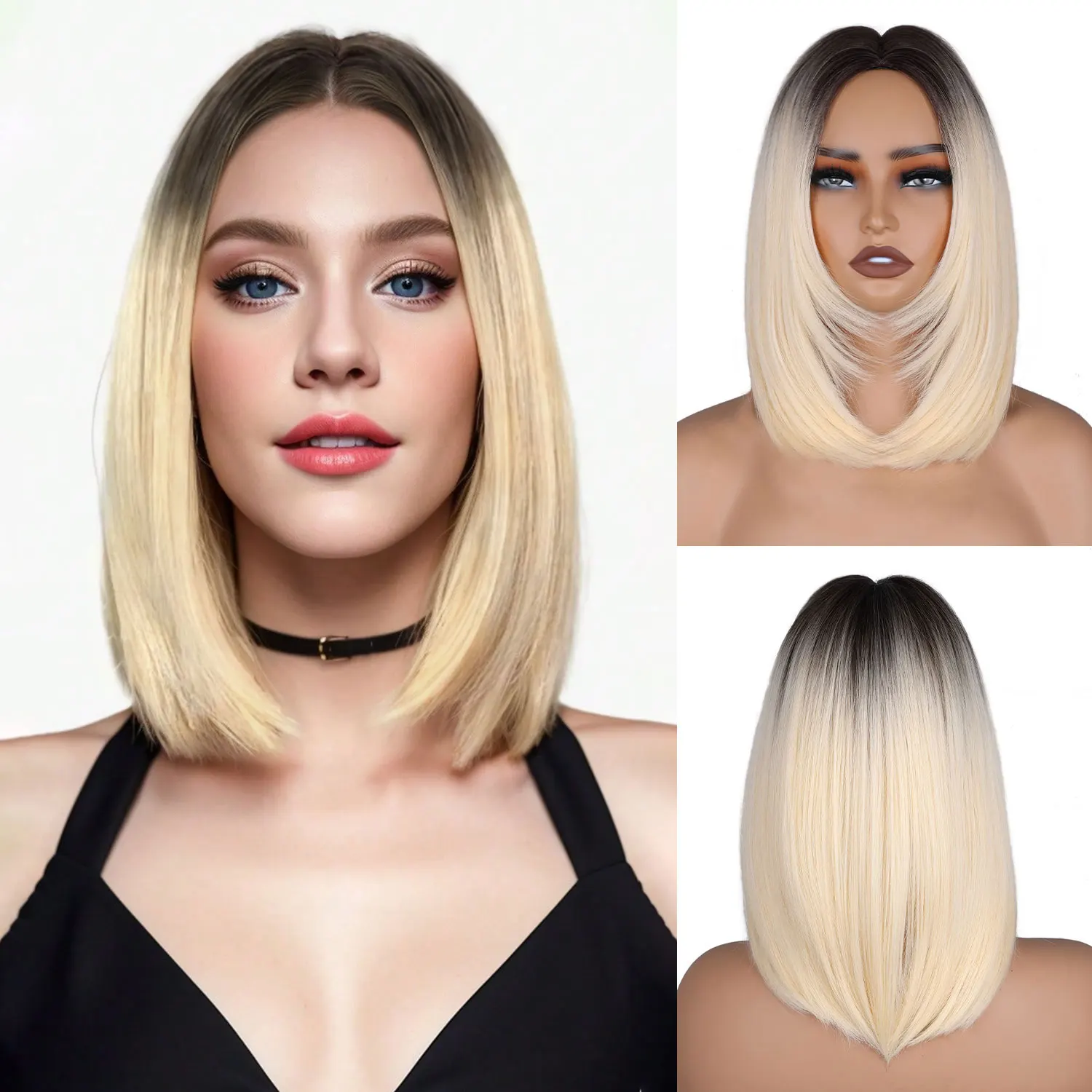 

A gradient light blonde synthetic bob wig with a center part and dark roots, suitable for women's everyday wear and dates