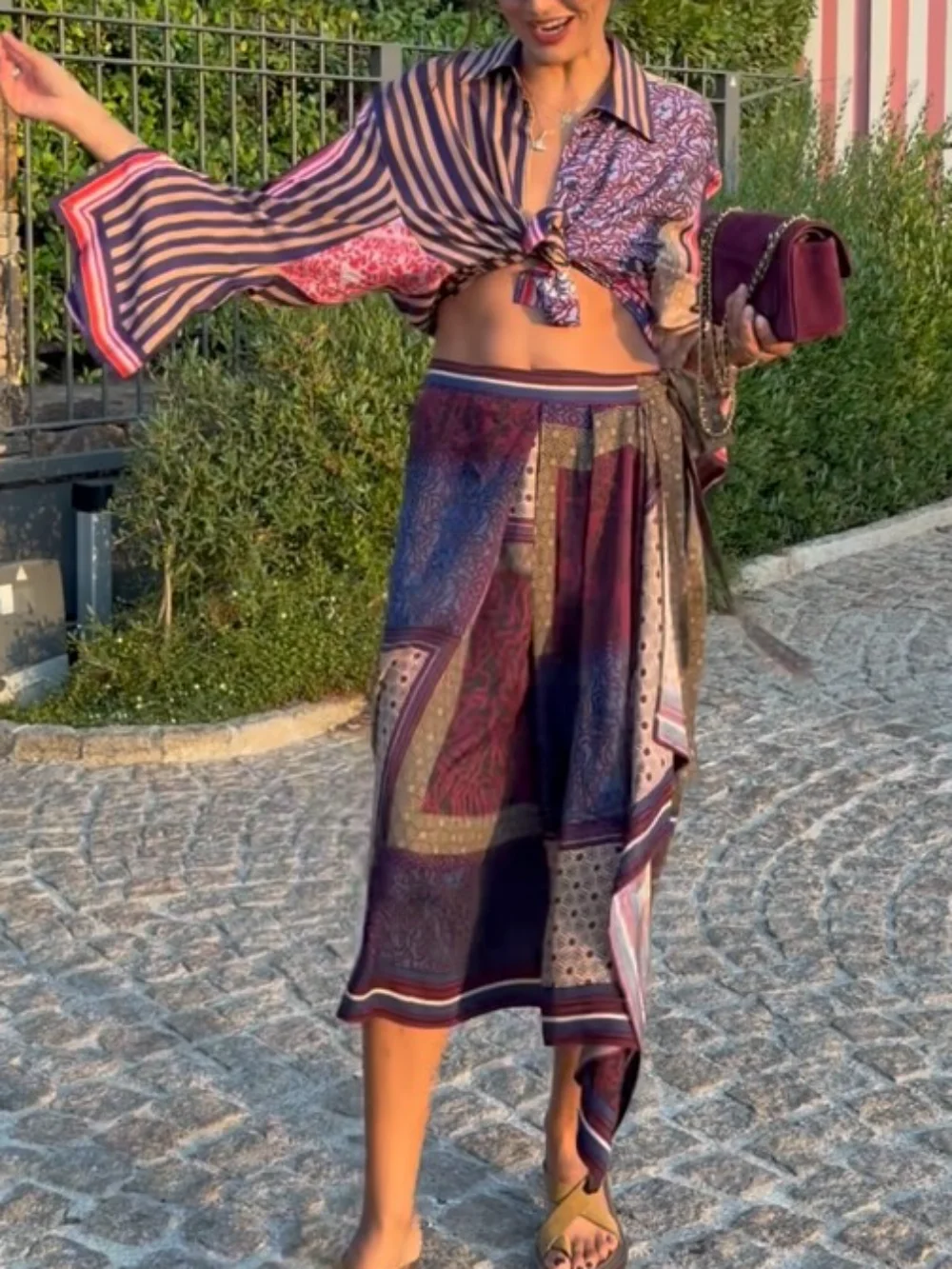 Womens Boho Geometric Print Two Piece Set Turn Down Collar Blouse Wrap Midi Skirts Suit Casual Chic Streetwear Matching Sets