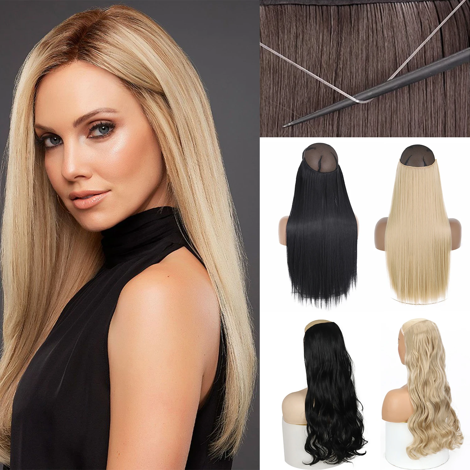 MERISIHAIR Synthetic 16 22 32 Inch No Clips Invisible Wire Hair Extension Blonde Black Long Straight False Hair Piece Women