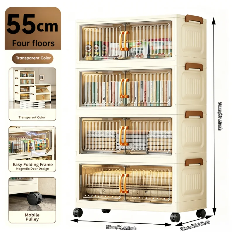 5-tier foldable stackable plastic storage cabinet, no assembly needed, with magnetic vertical transparent double doors and brown handles, foldable rolling storage box, 58cm wide, with universal wheels, perfect for organizing clothes in the bedroom, kitche view 7