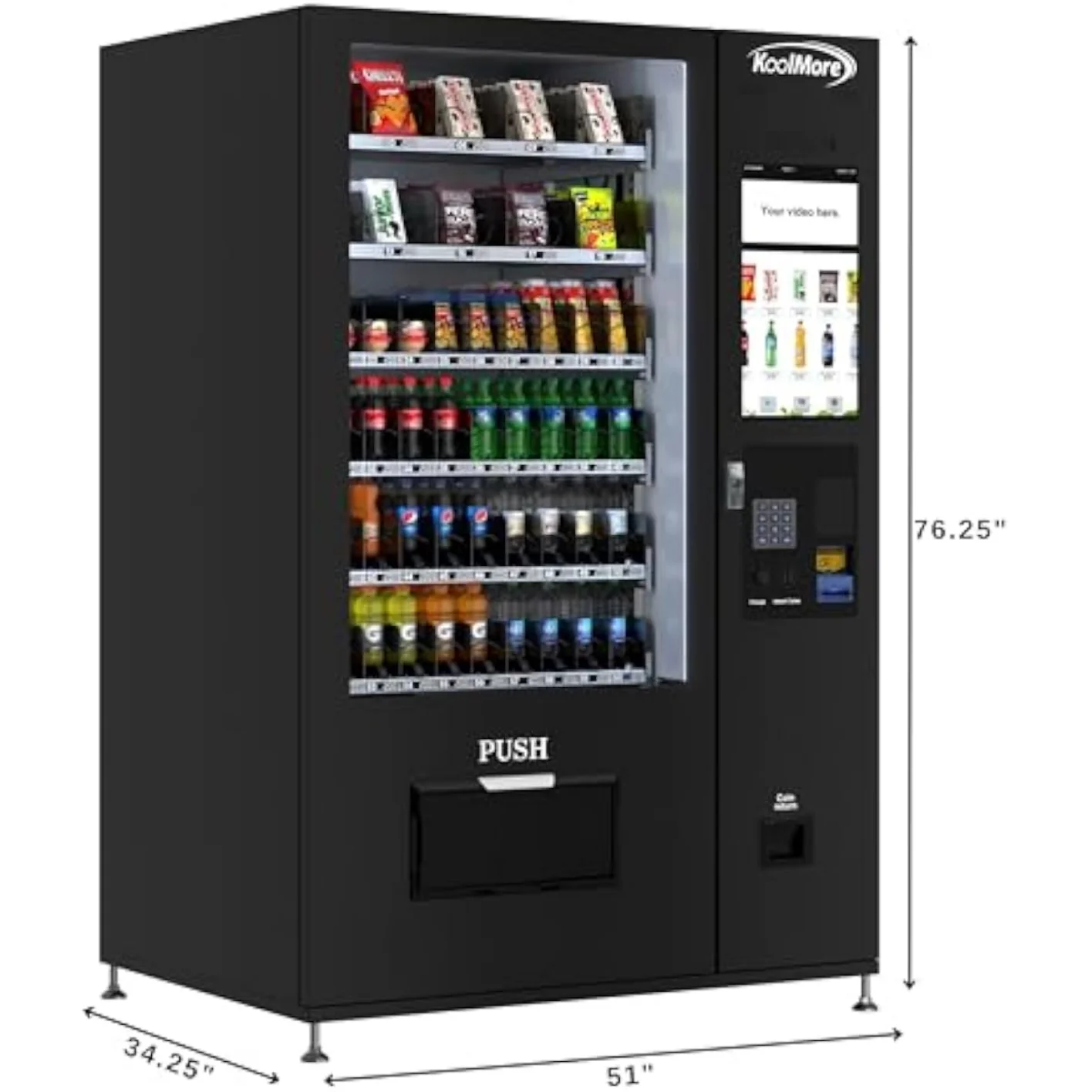 REFR!GERATED SNACK VEND!NG MACH!NE W!TH 60 SLOTS 22 !NCH TOUCH SCREEN CC READER CO!N B!LL ACCEPTOR IN BLACK KM-VMRT-50-BCR
