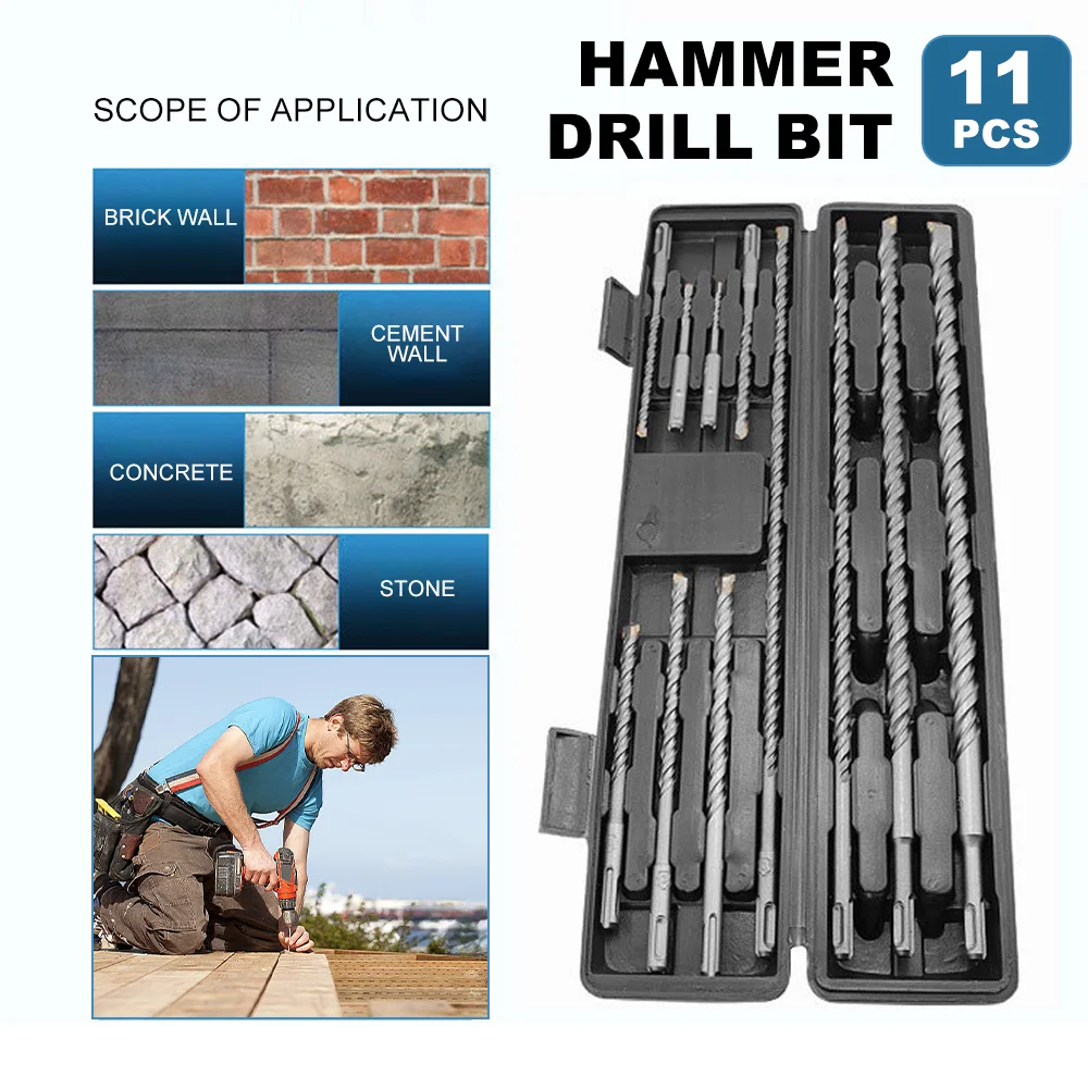 11 PCS Masonry Drill Bits Set 5mm 6mm 12mm 20mm Long Masonry Drill Bits with SDS  Shank Carbide Flat Tip for Stone Tile Brick
