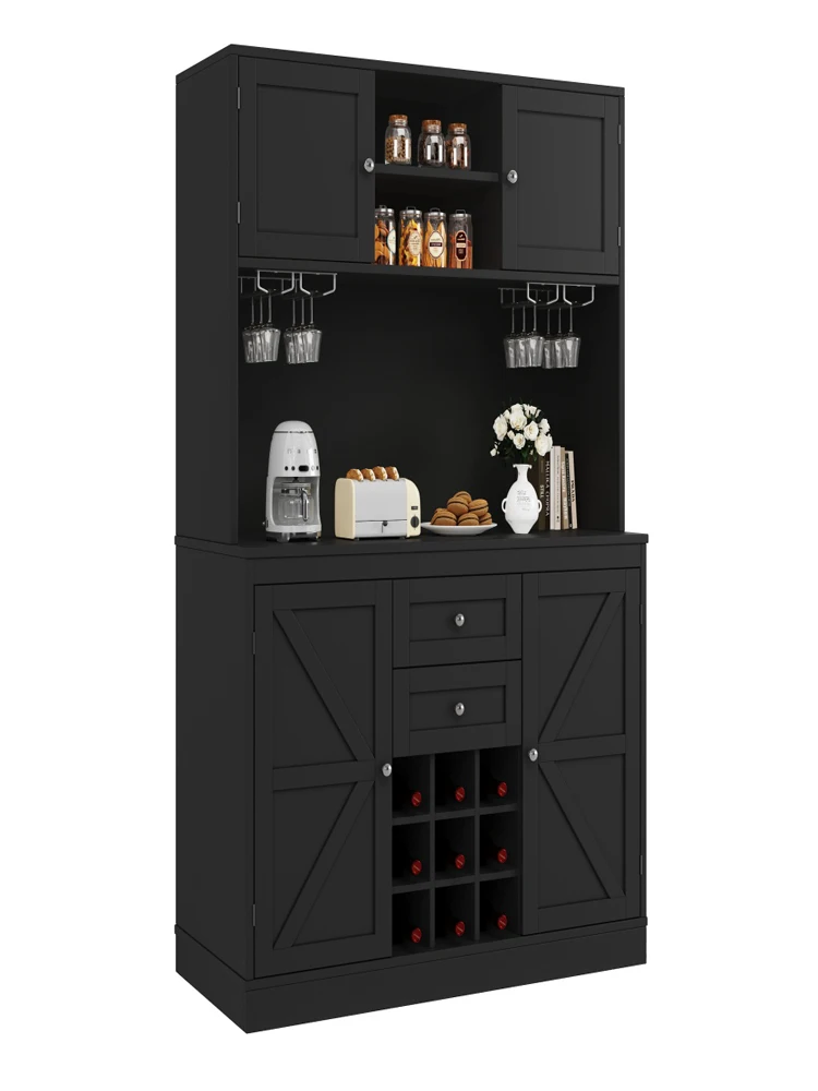 Keukenkast met verstelbare planken & wijnrek, hoge keukenbuffetkast met 4 deuren & 2 laden, sideboard voor de keuken - afbeelding 2