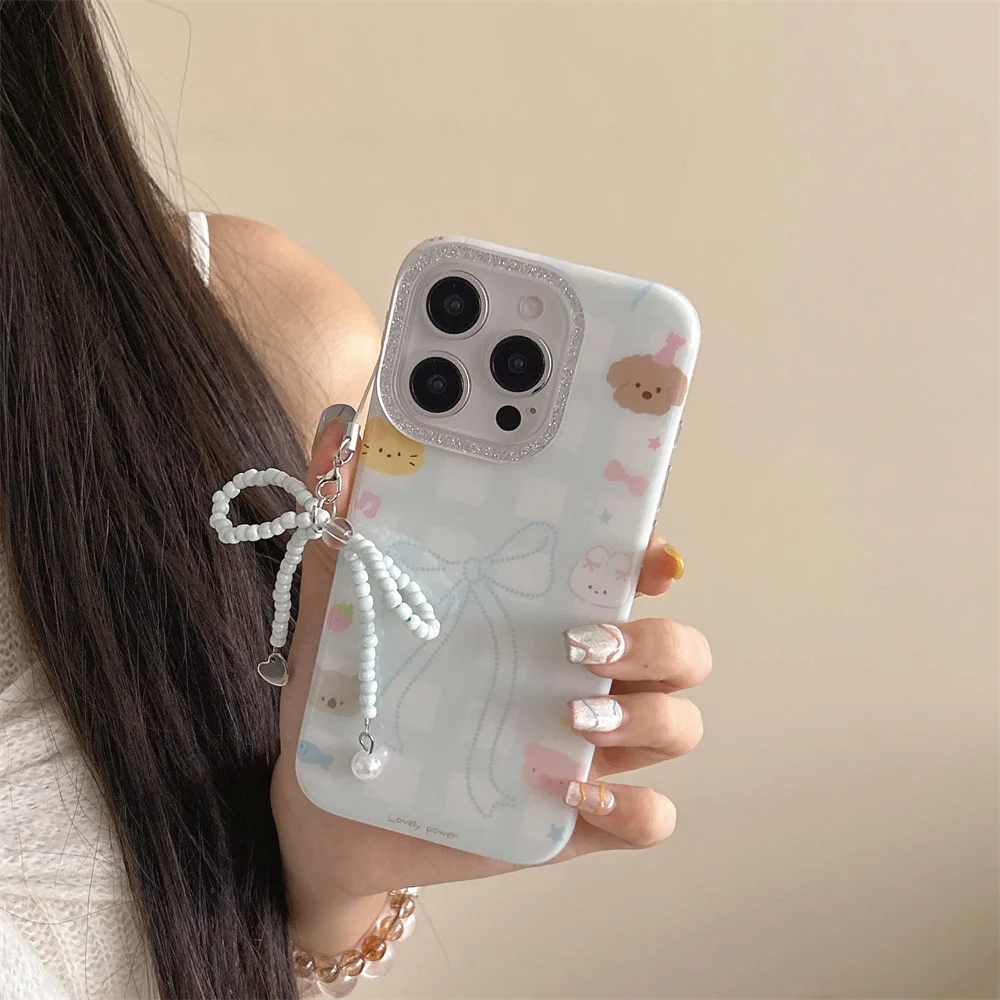 

Cute butterfly Plaid animal bear phone case for iPhone 13 14 15 16 17 Pro Max cover with charming cute kitten protective cover