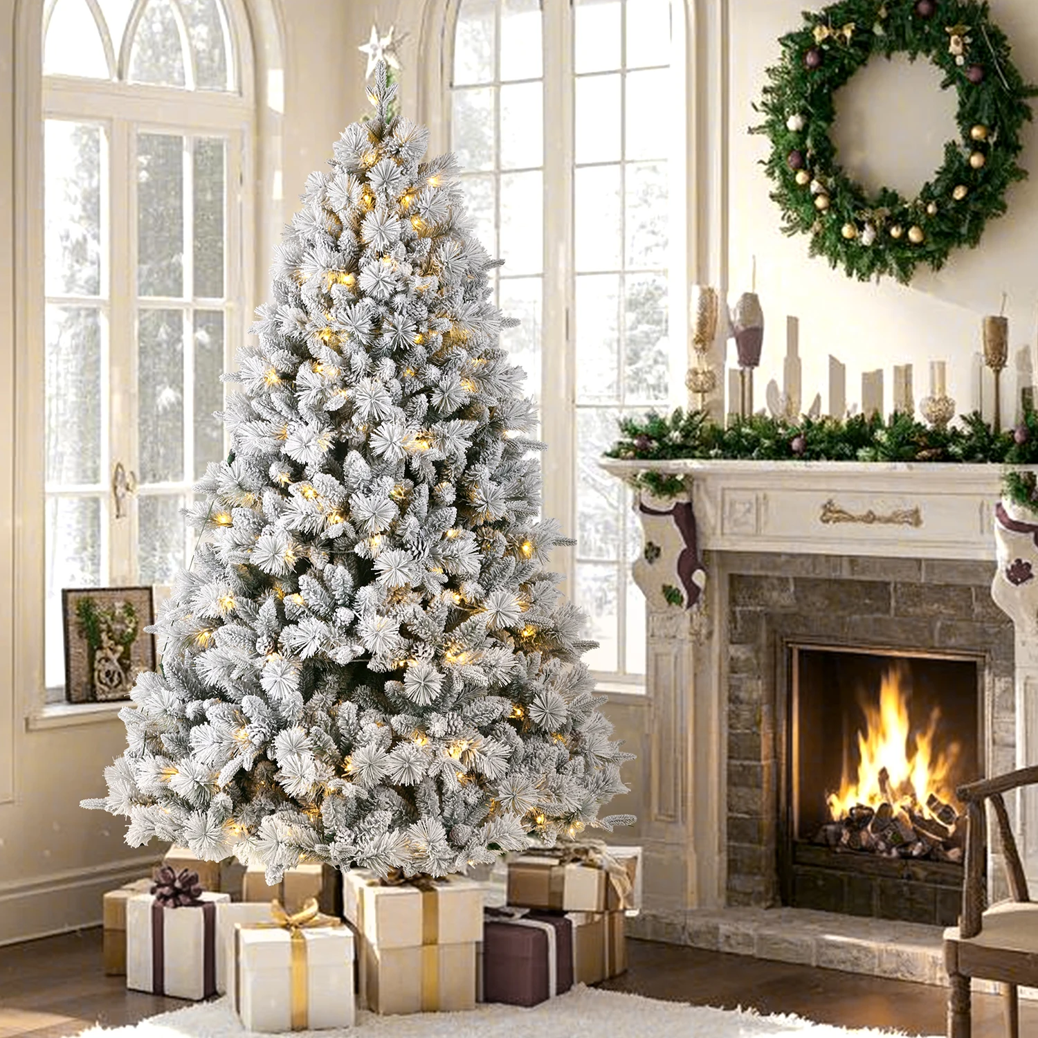 210 cm großer weißer Schnee-Kunstkerbaum mit 350 warmweißen LEDs, 1348 Spitzen, PVC + PE, Metallständer, faltbarer, einfach zu montierender Baum – Detail 11