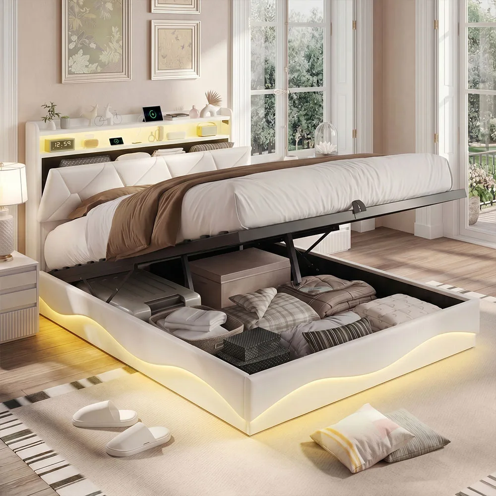Cama con Almacenamiento Hidráulico Comanlai, Cama Tapizada Doble con Espacio de Almacenamiento, Iluminación LED y Estructura de Listones, Muebles de Dormitorio