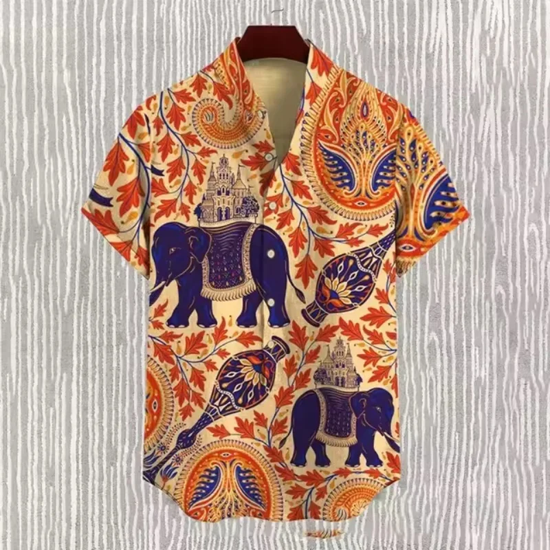 Nieuw herenoverhemd met olifantenpatroon, nieuw linnen, comfortabele stof, korte mouwen Hawaiiaans overhemd, snelle levering