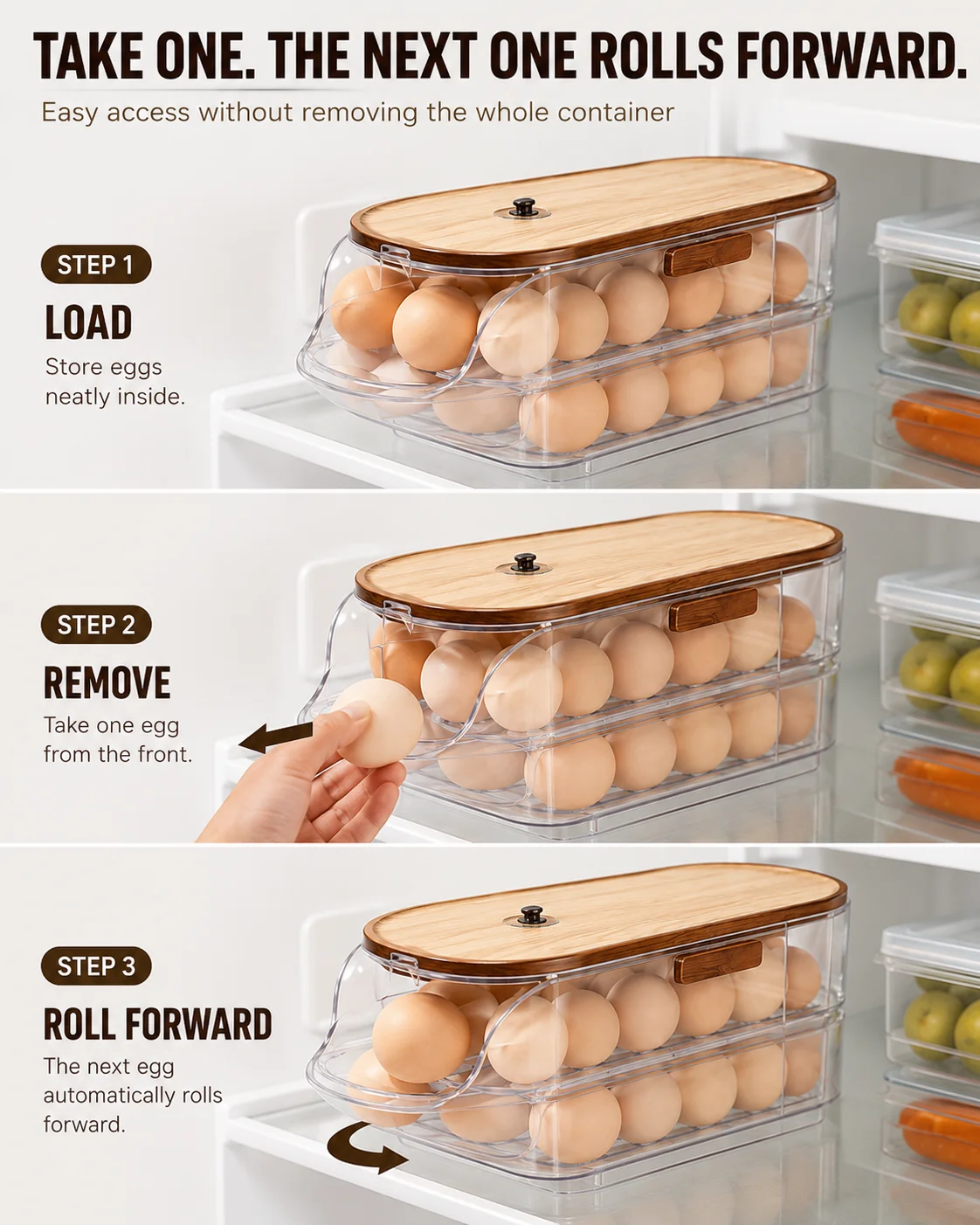 Auto Rolling Egg Storage Box Refrigerator Egg Holder Side Door Egg Rack Kitchen Organizer Space Saving Dispenser Durable Plastic Modern Style Single Double Row 2 3 Layer PET PP Chemical Free Handheld Convenient Egg Container for Fridge Kitchen Storage