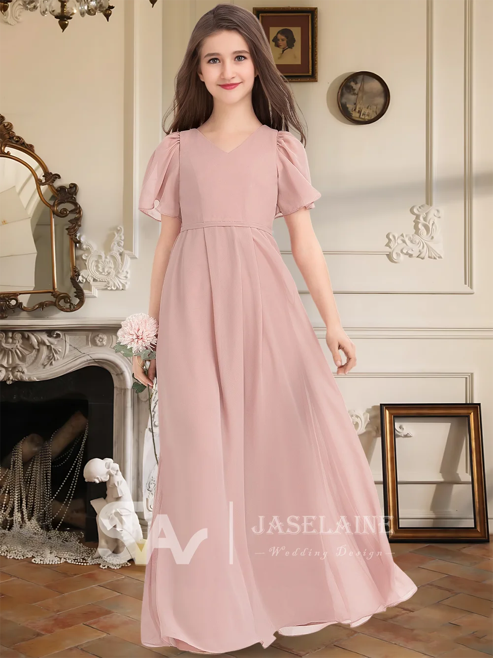 فستان أنيق للأطفال على شكل حرف V ورقبة على شكل حرف V بطول الأرض من الشيفون لوصيفة العروس مع حزام فستان فتاة الزهور لحفلات الزفاف الرسمية