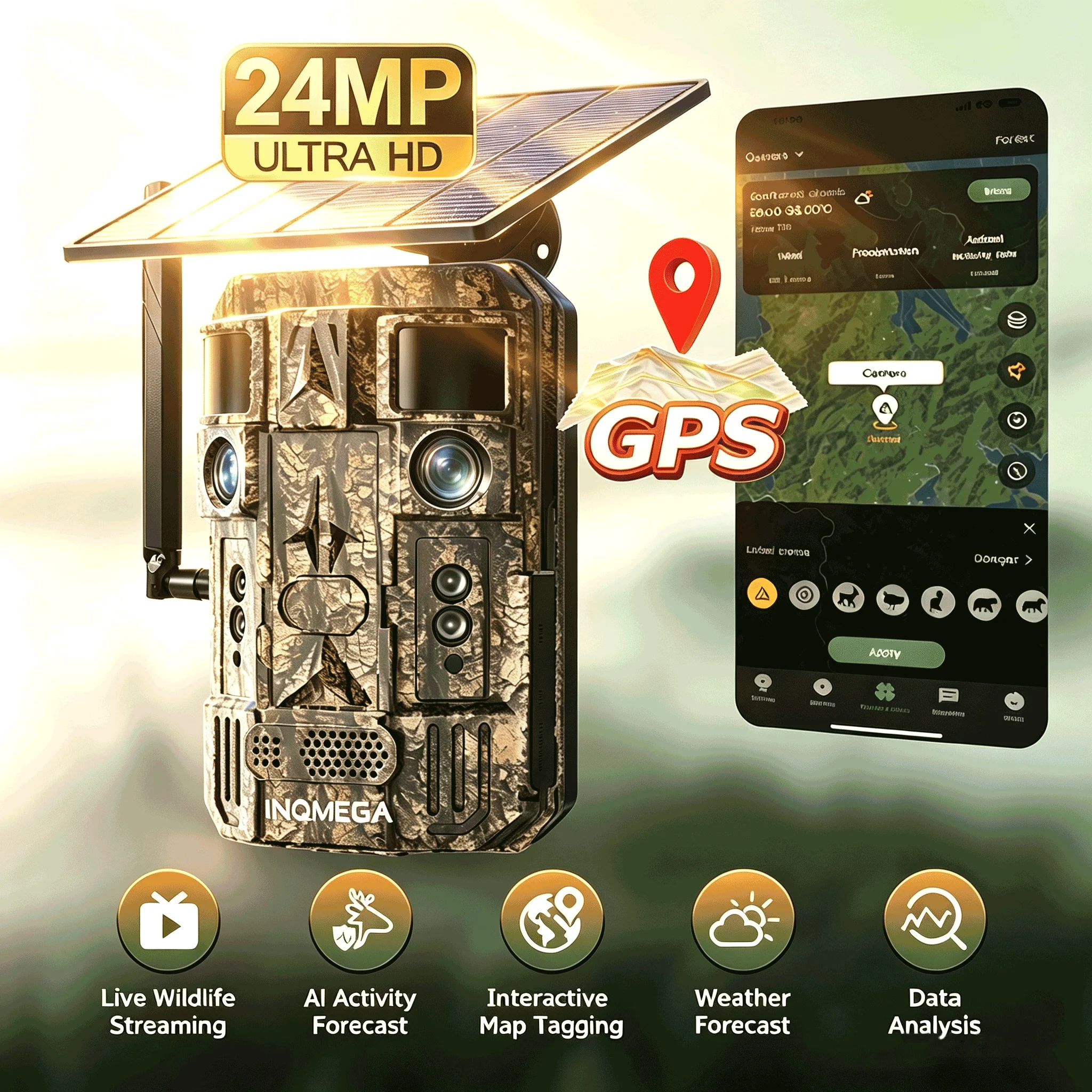 INQMEGA 24MP Hunting Camera LI Battery Outdoor 950nm Night Vision Dual-Lens Hunting Camera App Control Live Ucon APP for Forest