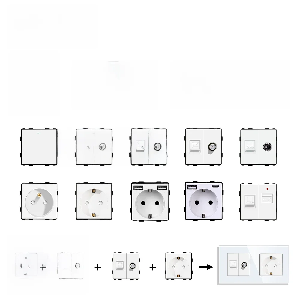Bingoelec Biały kryształowy panel ze szkła hartowanego Włącznik światła eu francuskie gniazdo ścienne usb tv rj45 satelita Moduł przełącznika czujnika DIY — zdjęcie 2
