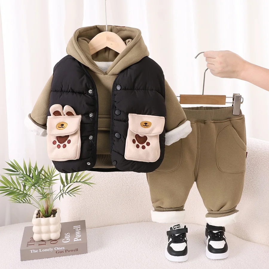 Winter New Baby Hooded Cotton Coat Long Sleeve Set for Boys and Girls\' Vest with Velvet and Thickened Casual Three Piece Set